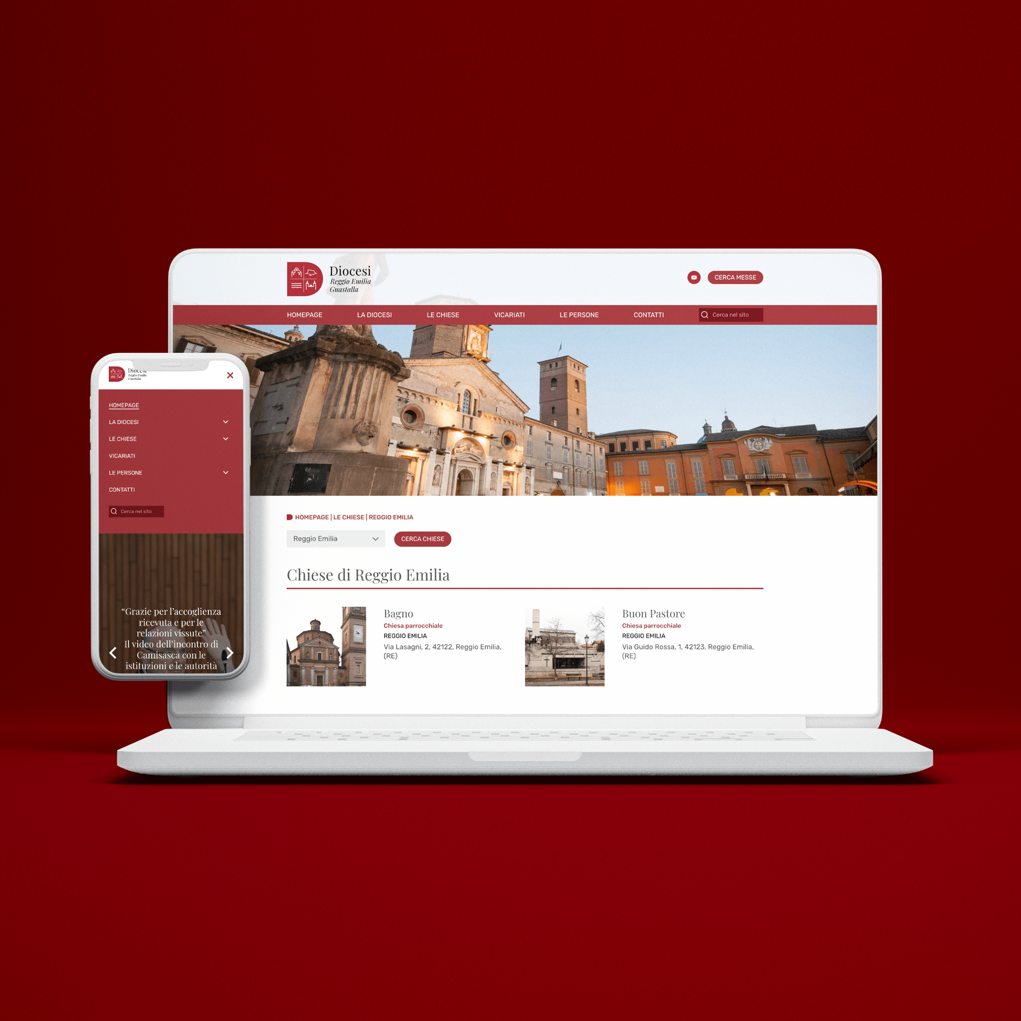 Sito Diocesi Reggio Emilia mostrato su pc e cellulare